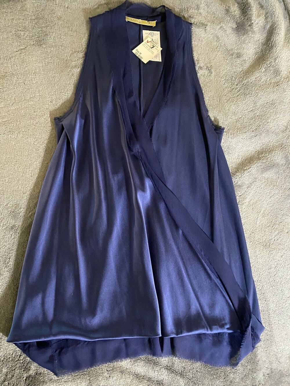 RAMY BROOK Rare Mixed 100% Silk Draped V Neck Top Wrap Surplice Navy Blue M